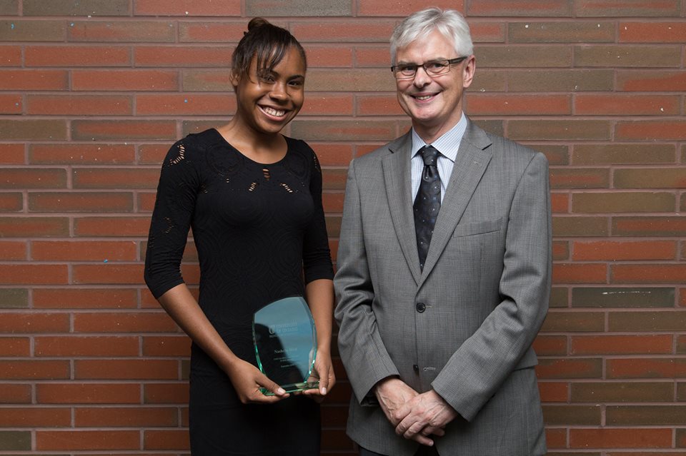 The UOIT's 2016 Global Leadership Award (GLA) went to a Jamaican Freshman-year student, Nashelle Hird. Naschelle is from Annotto Bay, Jamaica and a recent graduate of the Immaculate Conception High School (I.C.H.S.) for Girls in Kingston, Jamaica.