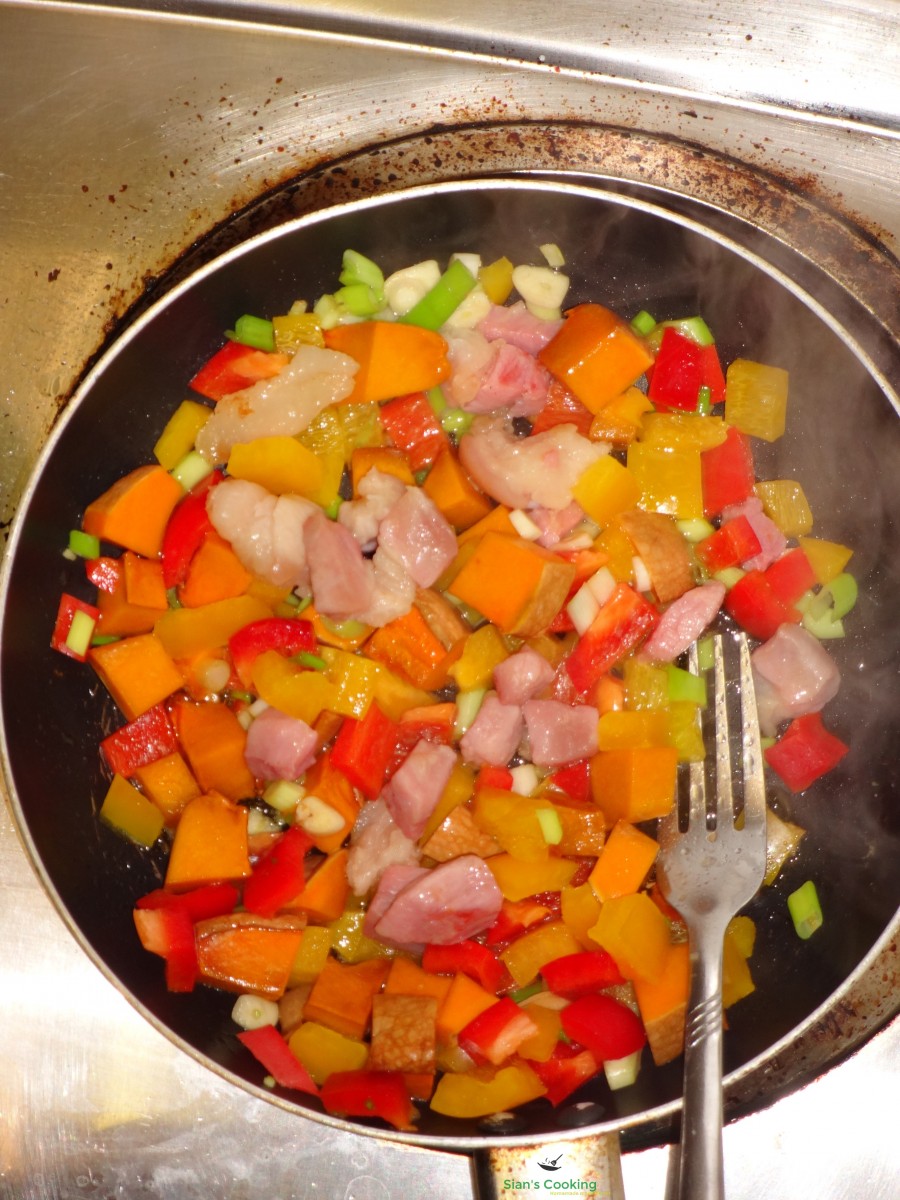 add veggies to corned pork